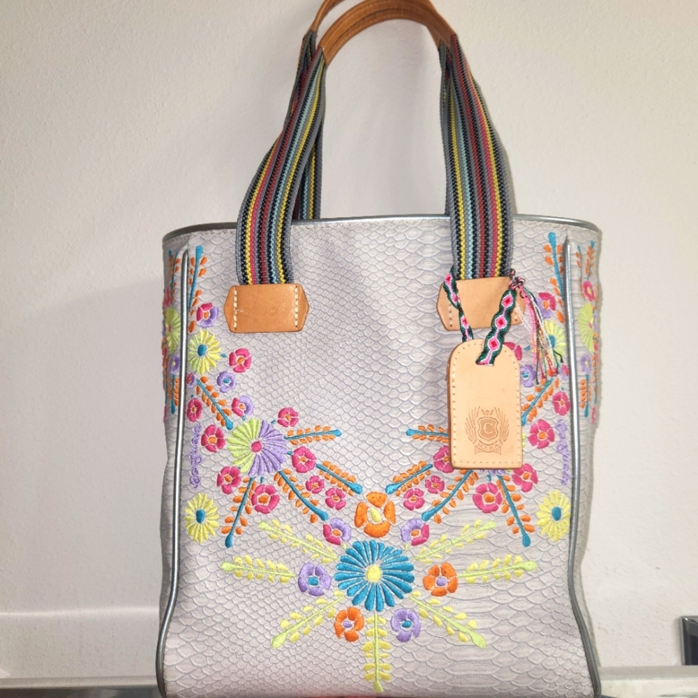 Consuela Silver Tote with Multicolor Embroidery